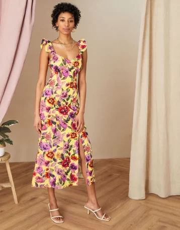 Monsoon Bethany floral midi dress in sustainable cotton yellow multi