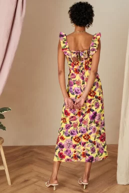 Monsoon Bethany floral midi dress in sustainable cotton yellow multi