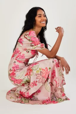 Monsoon Daisy print tiered maxi dress natural pink