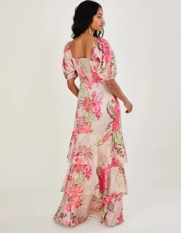 Monsoon Daisy print tiered maxi dress natural pink