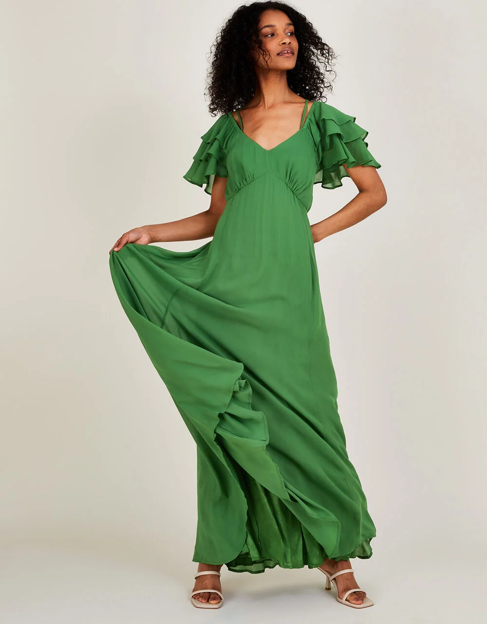 Monsoon Gracie frill maxi dress green