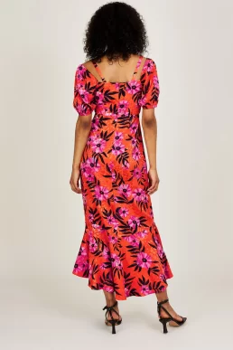 Monsoon Kerry satin jacquard floral print dress orange pink