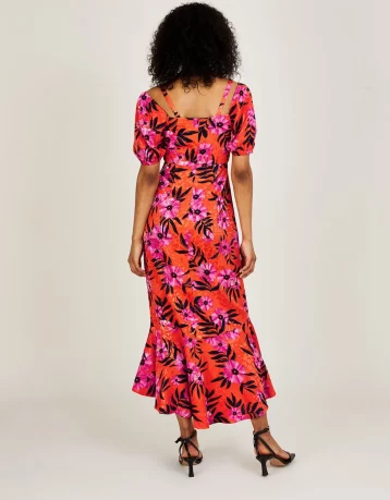 Monsoon Kerry satin jacquard floral print dress orange pink