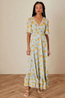 Monsoon Nora poppy print dress in sustainable viscose blue