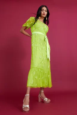 Monsoon Sofia embellished midi dress bright green