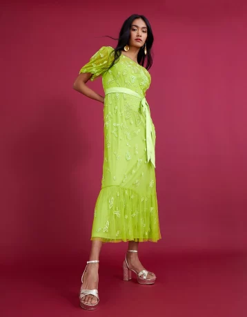 Monsoon Sofia embellished midi dress bright green