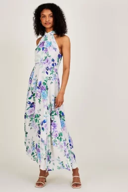 Monsoon Vivienna halter midi dress in sustainable viscose ivory purple