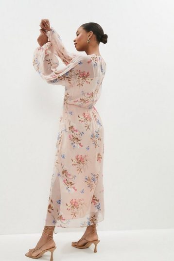 Coast Blouson Sleeve Printed Chiffon Midaxi Dress Pink Blush