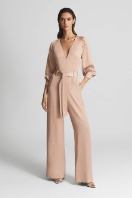 Reiss Elsa Long Sleeve Wide Leg Jumpsuit Pink Nude