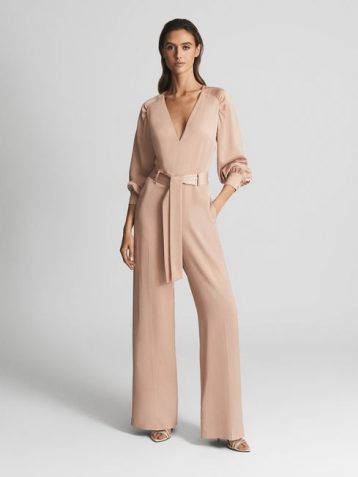 Reiss Elsa Long Sleeve Wide Leg Jumpsuit Pink Nude