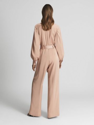 Reiss Elsa Long Sleeve Wide Leg Jumpsuit Pink Nude