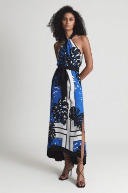 Reiss Erin Print Palm Print Midi Dress Blue Black White