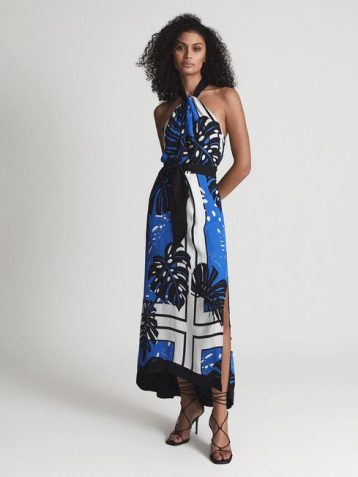 Reiss Erin Print Palm Print Midi Dress Blue Black White