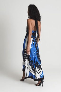 Reiss Erin Print Palm Print Midi Dress Blue Black White