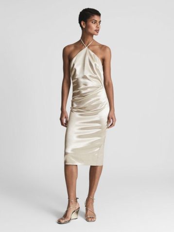 Reiss Farah Metallic Halterneck Dress Metallic Light Gold