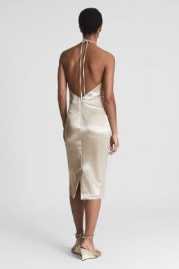 Reiss Farah Metallic Halterneck Dress Metallic Light Gold