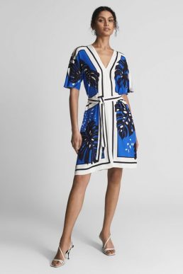 Reiss Hannah Palm Print Mini Dress Blue Black White