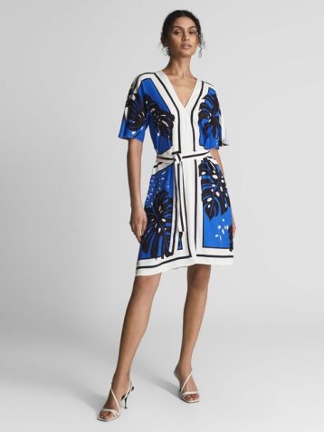 Reiss Hannah Palm Print Mini Dress Blue Black White