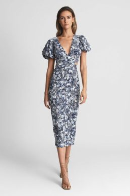 Reiss Jennah Print Printed Puff Sleeve Midi Dress Navy White