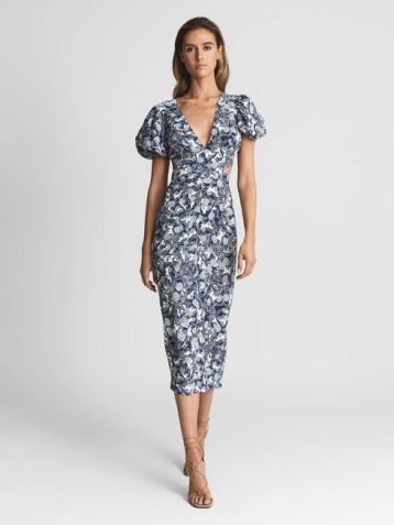 Reiss Jennah Print Printed Puff Sleeve Midi Dress Navy White