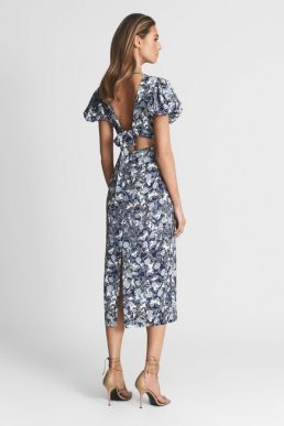 Reiss Jennah Print Printed Puff Sleeve Midi Dress Navy White