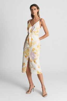 Reiss Kay Print Tie Front Printed Dress Yellow White