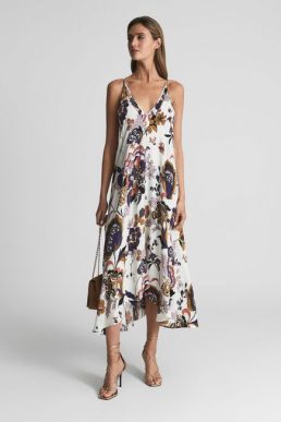 Reiss Mabel Print Plunge Neck Maxi Dress White Multi