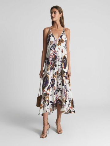 Reiss Mabel Print Plunge Neck Maxi Dress White Multi