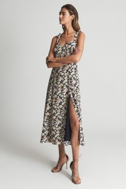 Reiss Yanna Print Split Midi Dress Navy Nude