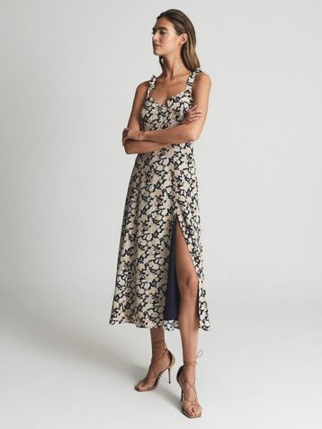 Reiss Yanna Print Split Midi Dress Navy Nude