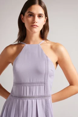 Ted Baker Camylie Lace Insert Asymmetric Pleat Midi Dress Lilac Purple