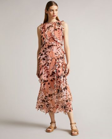 Ted Baker Kayleih Printed Sleeveless Waterfall Midi Dress Pale Orange