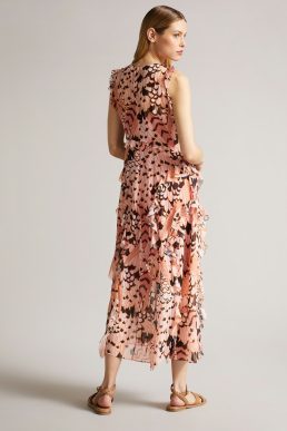 Ted Baker Kayleih Printed Sleeveless Waterfall Midi Dress, Pale Orange
