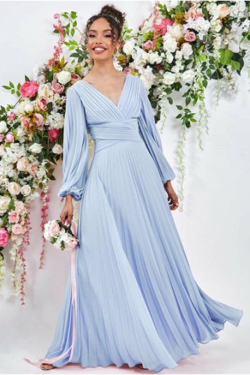 Goddiva Balloon Sleeve Maxi Bridesmaid Pleated Dress Dusky Light Blue