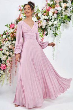 Goddiva Balloon Sleeve Maxi Bridesmaid Pleated Dress Light Pink