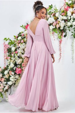 Goddiva Balloon Sleeve Maxi Bridesmaid Pleated Dress Light Pink