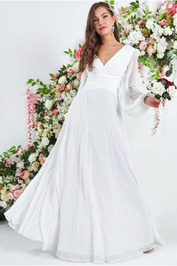Goddiva Balloon Sleeve V Neck Maxi Wedding Dress White