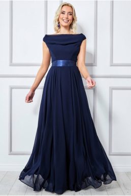 Goddiva Cowl Neck Chiffon Maxi Bridesmaid Dress Navy Blue