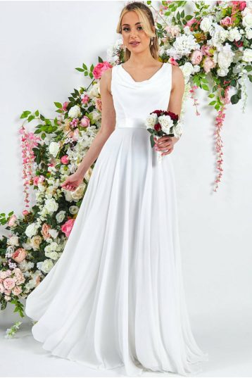 Goddiva Cowl Neck Chiffon Maxi Wedding Dress White
