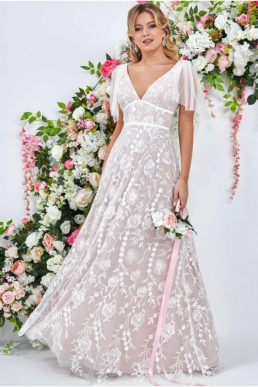 Goddiva Embroidered Lace Maxi Dress Flutter Sleeves White Nude Blush
