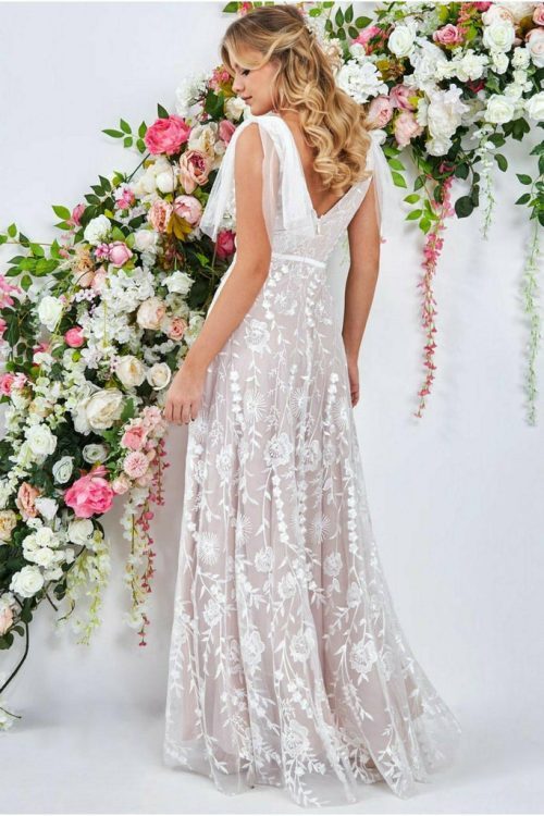 Goddiva Embroidered Lace Maxi Dress Flutter Sleeves, White/Nude Blush