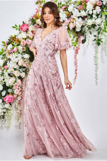 Goddiva Flared Sleeve Embroidered Maxi Bridesmaid Dress Blush Pink