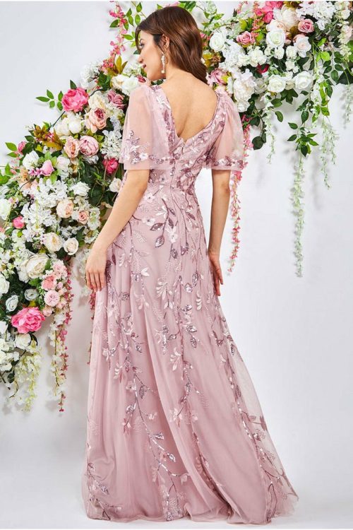 Goddiva Flared Sleeve Embroidered Maxi Bridesmaid Dress, Blush/Pink