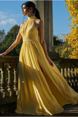 Goddiva Halterneck Chiffon Maxi Bridesmaid Dress Yellow
