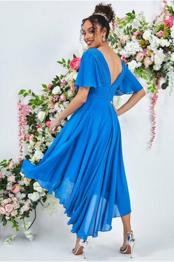 Goddiva Pleated Chiffon High Low Midi Dress Atlantic Blue