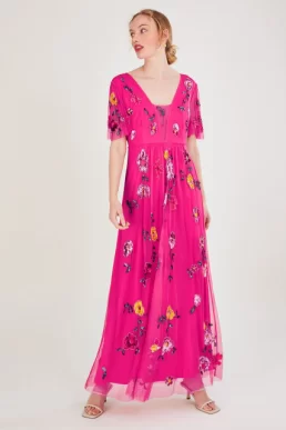 Monsoon Faye embellished maxi dress in recycled polyester pink