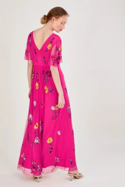 Monsoon Faye embellished maxi dress in recycled polyester pink