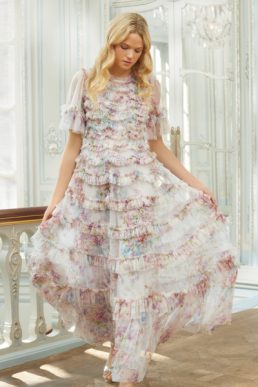 Needle & Thread Floral Wonder Ruffle Gown Pink Blue Multi