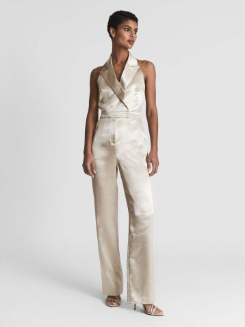 Reiss Martine Metallic Tuxedo Jumpsuit Light Gold