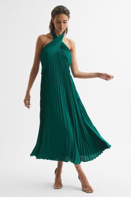 Reiss Roya Halter Neck Pleat Midi Dress Green